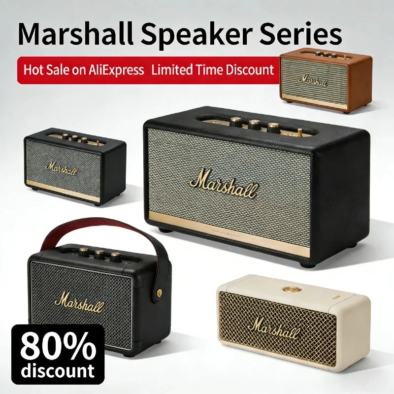 Coluna Marshall Bluetooth 5.0 Original – IPX4, Graves Profundos, Exterior