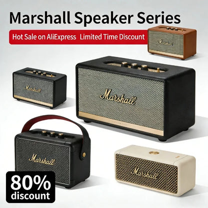 Coluna Marshall Bluetooth 5.0 Original – IPX4, Graves Profundos, Exterior