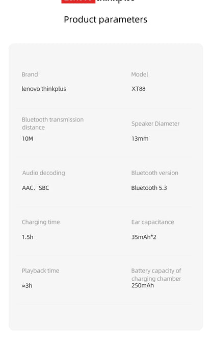 Auriculares Lenovo XT88 TWS – BT 5.3, HiFi, Redução de Ruído, Touch, Microfone