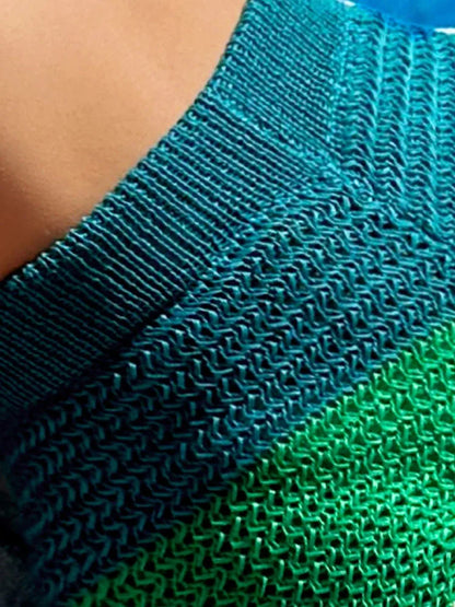 Calções de Praia Tricô Color Block — Verde e Amarelo, Cintura Alta, Textura Vazada