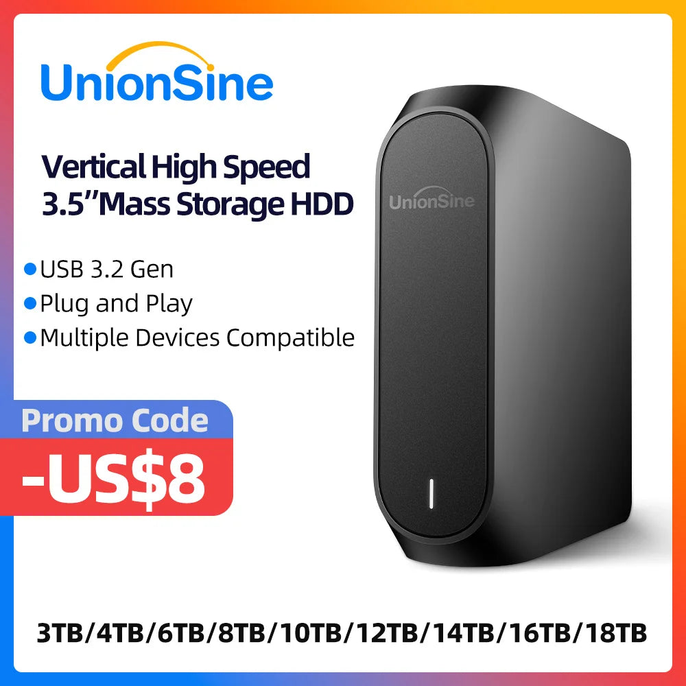Disco Rígido Externo UnionSine 3.5" – 4TB a 18TB, USB 3.2, PC, Mac, PS4, Xbox