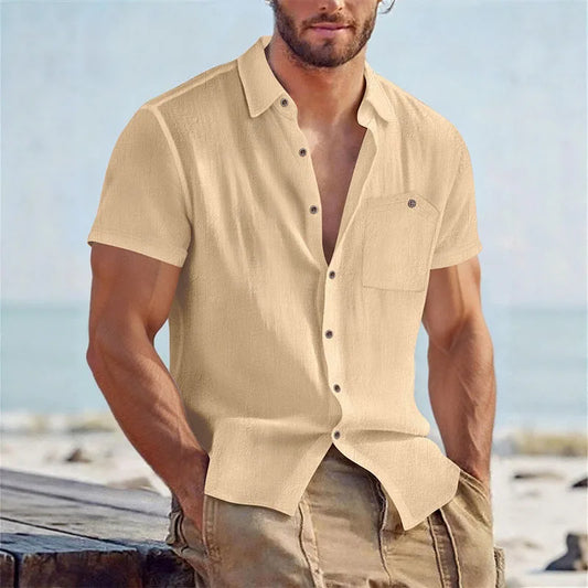 Men's Linen Blend Short Sleeve Button Down Shirt Casual Beach Tops with Chest Pocket Breathable Lightweight Summer Shirts forMen