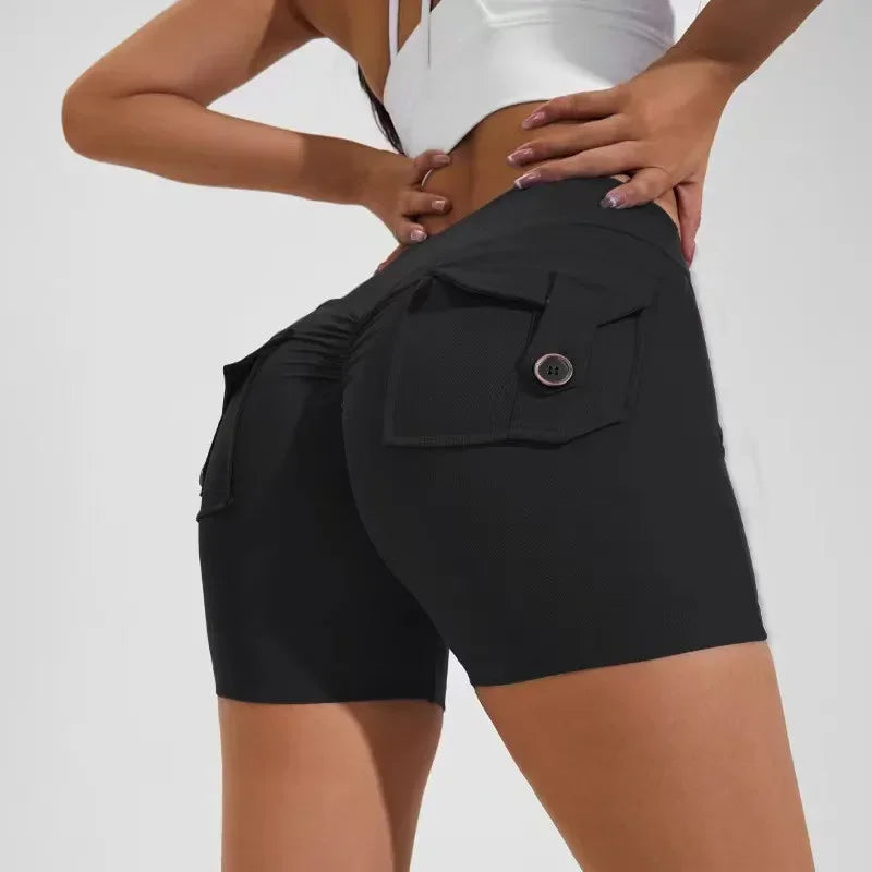 Calções Fitness Femininos com Bolsos – Cintura Alta, Sem Costuras, Corrida